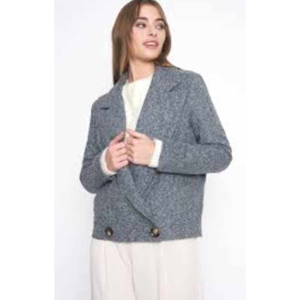French Mauve Cropped Blazer Jacket Women's Size Medium Gray Tweed Long Sleeves